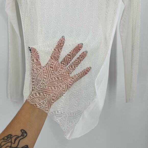 BCBGMAXAZRIA Lace Mesh Blouse White Long Sleeve Sheer Pullover Scoop Neck Small - Picture 4 of 8